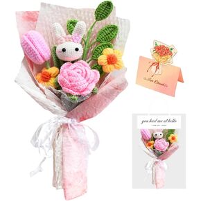 Valentines Day Gifts for Her Wife, Knitted Bunny Bouquet, Crochet Roses Bouquet, Crochet Flowers Bouquet with Bunny, Handmade Flowers Gift for Valentines Birthday Home Decor (Pink)