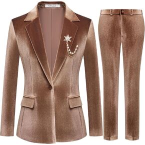 Women's 2 Piece Velvet Suit Notch Lapel One Button Slim Fit Business Party Wedding Tuxedo Blazer Pants Set