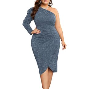 KIMCURVY Women's Plus Size One Shoulder Glitter Dress Ruched Wrap Cocktail Sparkly Party Formal Midi Bodycon Dresses
