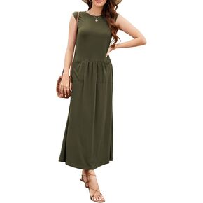 Naggoo Women's Summer Casual Maxi Dresses Beach Loose Fit Pleated Long Sun Dress with Pocket