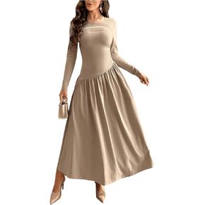 SOLY HUX Women's Long Sleeve Round Neck A Line Flared Dress Long Maxi Dresses