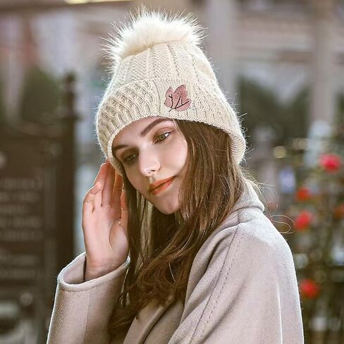 Womens Beanie Hat with Pom Pom Fleece Lined Winter Hat Soft Warm Cute Skull Beanie Hat for Cold Weather in Saudi Arabia