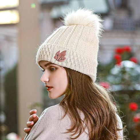 Womens Beanie Hat with Pom Pom Fleece Lined Winter Hat Soft Warm Cute Skull Beanie Hat for Cold Weather in Saudi Arabia