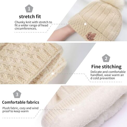 Womens Beanie Hat with Pom Pom Fleece Lined Winter Hat Soft Warm Cute Skull Beanie Hat for Cold Weather in Saudi Arabia