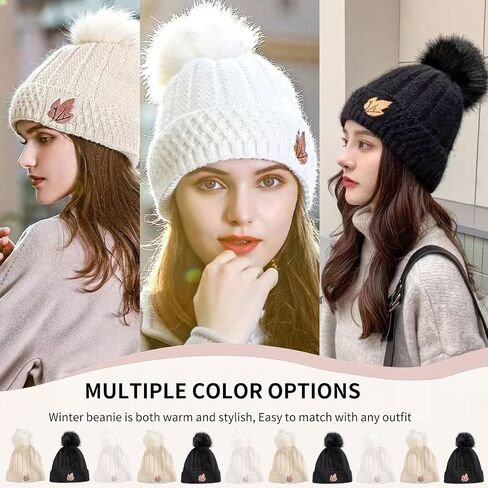 Womens Beanie Hat with Pom Pom Fleece Lined Winter Hat Soft Warm Cute Skull Beanie Hat for Cold Weather in Saudi Arabia
