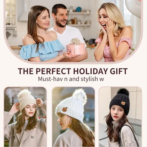Womens Beanie Hat with Pom Pom Fleece Lined Winter Hat Soft Warm Cute Skull Beanie Hat for Cold Weather in Saudi Arabia