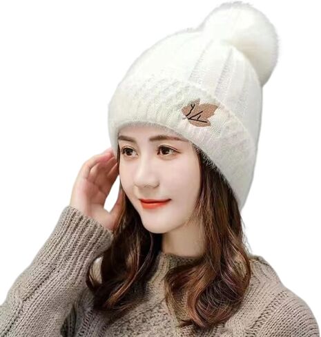Womens Beanie Hat with Pom Pom Fleece Lined Winter Hat Soft Warm Cute Skull Beanie Hat for Cold Weather in Saudi Arabia