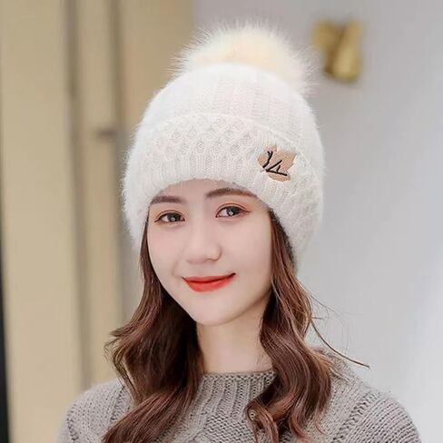 Womens Beanie Hat with Pom Pom Fleece Lined Winter Hat Soft Warm Cute Skull Beanie Hat for Cold Weather in Saudi Arabia