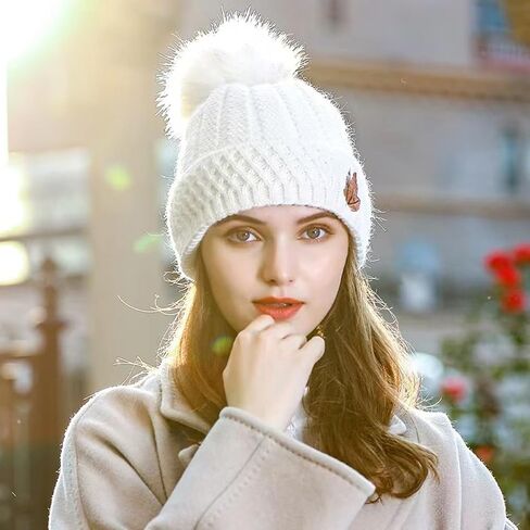 Womens Beanie Hat with Pom Pom Fleece Lined Winter Hat Soft Warm Cute Skull Beanie Hat for Cold Weather in Saudi Arabia