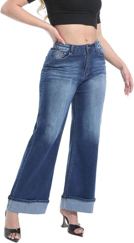 بنطال جينز نسائي واسع الساق بخصر عالٍ وأساور مطاطية وفضفاضة من قماش الدنيم in Kuwait