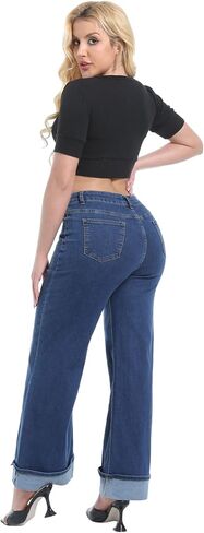 بنطال جينز نسائي واسع الساق بخصر عالٍ وأساور مطاطية وفضفاضة من قماش الدنيم in Kuwait