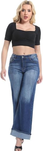 بنطال جينز نسائي واسع الساق بخصر عالٍ وأساور مطاطية وفضفاضة من قماش الدنيم in Kuwait