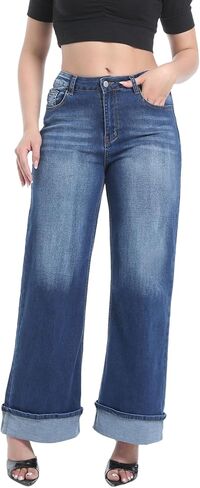 بنطال جينز نسائي واسع الساق بخصر عالٍ وأساور مطاطية وفضفاضة من قماش الدنيم in Kuwait