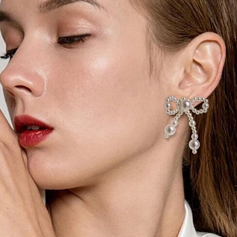 JeanBeau Pearl Bow Dangle Drop Earrings for Women Gold Statement Ribbon Bowknot Earing Dangling Costume Prom Wedding Fashion Jewelry Gift in Kuwait