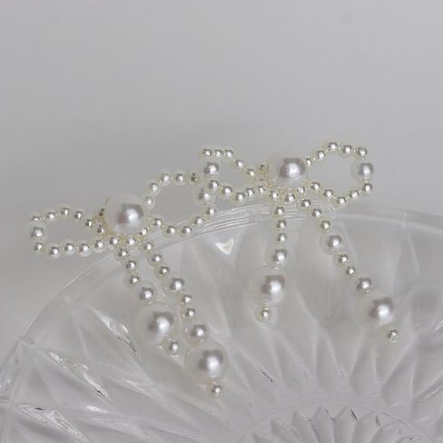JeanBeau Pearl Bow Dangle Drop Earrings for Women Gold Statement Ribbon Bowknot Earing Dangling Costume Prom Wedding Fashion Jewelry Gift in Kuwait