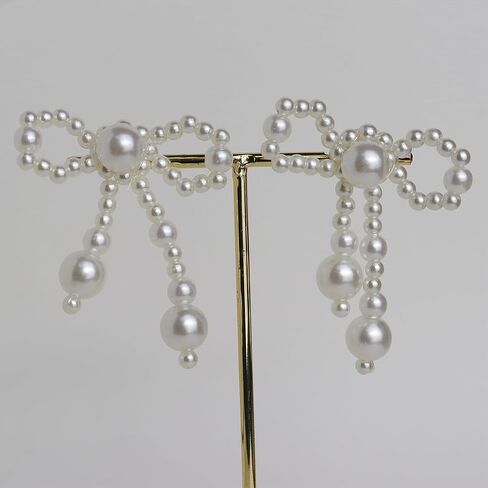 JeanBeau Pearl Bow Dangle Drop Earrings for Women Gold Statement Ribbon Bowknot Earing Dangling Costume Prom Wedding Fashion Jewelry Gift in Kuwait