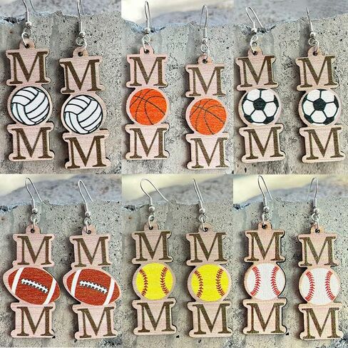 Mom Sports Themed Earrings Baseball Softball Basketball Wooden Dangle Drop Earrings Mother's Day Gift for Women in Kuwait