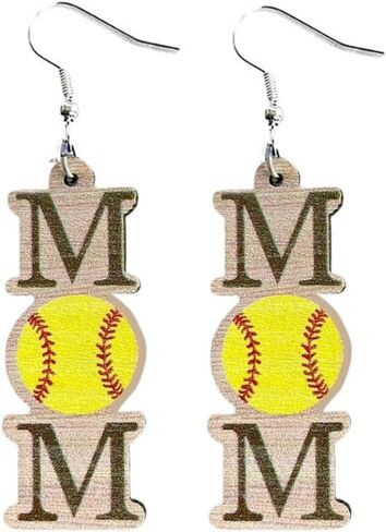 Mom Sports Themed Earrings Baseball Softball Basketball Wooden Dangle Drop Earrings Mother's Day Gift for Women in Kuwait