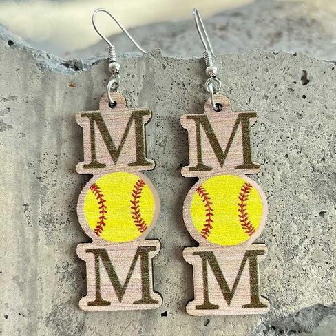 Mom Sports Themed Earrings Baseball Softball Basketball Wooden Dangle Drop Earrings Mother's Day Gift for Women in Kuwait