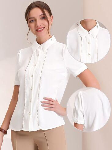 Allegra K Button Down Shirt for Women's 2023 Contrast Trim Puff Short Sleeve Blouse in Kuwait