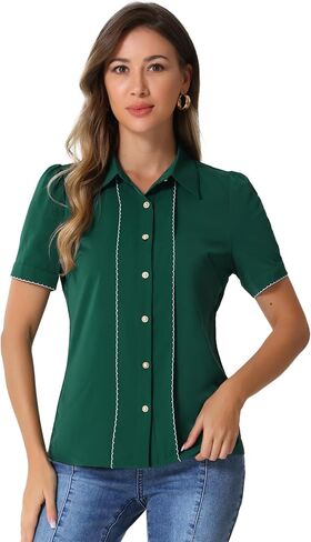 Allegra K Button Down Shirt for Women's 2023 Contrast Trim Puff Short Sleeve Blouse in Kuwait