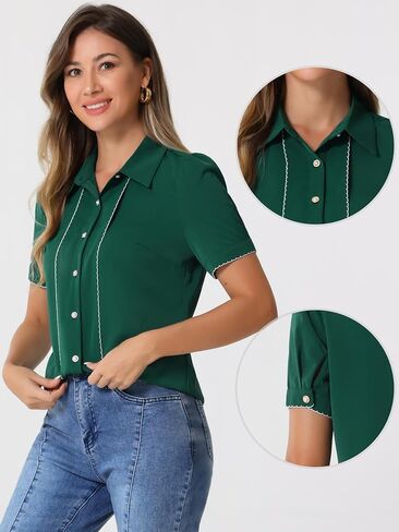 Allegra K Button Down Shirt for Women's 2023 Contrast Trim Puff Short Sleeve Blouse in Kuwait