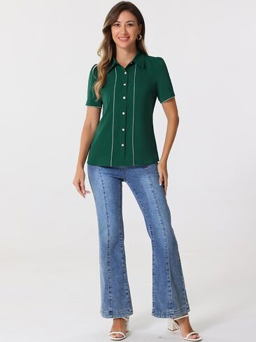 Allegra K Button Down Shirt for Women's 2023 Contrast Trim Puff Short Sleeve Blouse in Kuwait