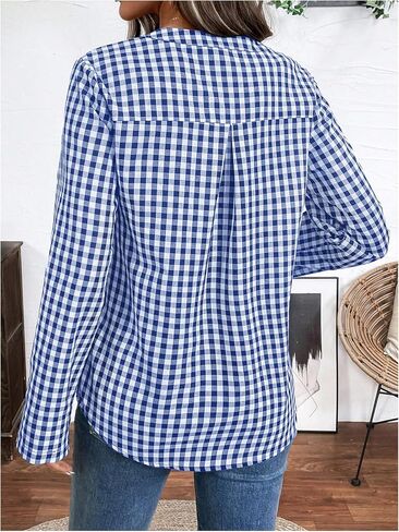 Milumia Women's Gingham Plaid Blouses Notched V Neck Button Roll Up Sleeve Shirts in Saudi Arabia