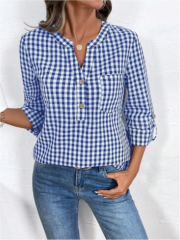 Milumia Women's Gingham Plaid Blouses Notched V Neck Button Roll Up Sleeve Shirts in Saudi Arabia