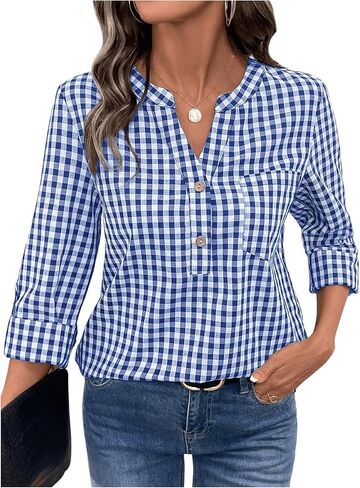 Milumia Women's Gingham Plaid Blouses Notched V Neck Button Roll Up Sleeve Shirts in Saudi Arabia