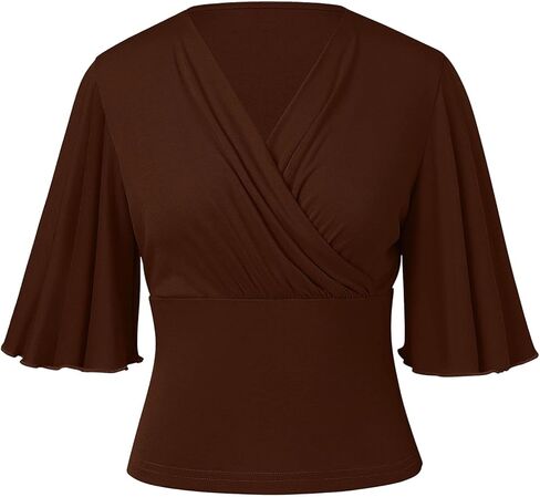 KORSIS Women Tops Wrap Blouse 3/4 Sleeve Long Ruffle Sleeve V Neck Dressy Casual Summer Elasticity T-Shirt (S-2XL) in Saudi Arabia