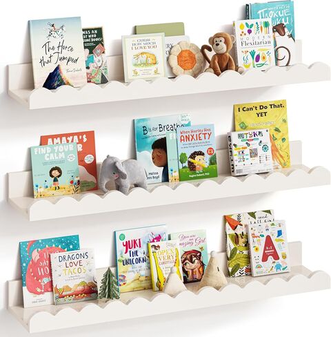 G&W Gruwald Nursery Book Shelves, Set of 3, Nursery Decor for Baby and Toddler, Scalloped Shelves, Book Shelf for Kids Rooms, Wall Book Shelves for Bedroom Kids, Floating Book Shelves for Wall in Kuwait