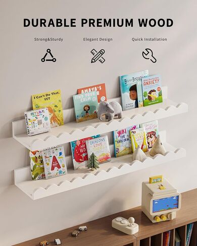 G&W Gruwald Nursery Book Shelves, Set of 3, Nursery Decor for Baby and Toddler, Scalloped Shelves, Book Shelf for Kids Rooms, Wall Book Shelves for Bedroom Kids, Floating Book Shelves for Wall in Kuwait