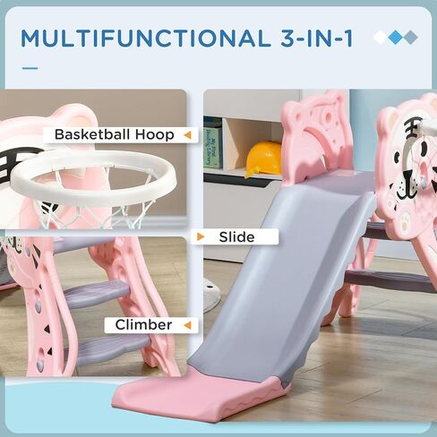Qaba 2 in 1 Toddler Slide for Indoors, Toy for Toddler, Easy Set Up Baby Slide with Basketball Hoop for Kids 18-36 Months, Blue in Saudi Arabia