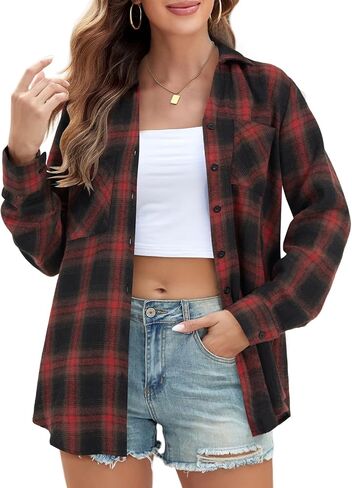 Rooscier Women's Button Down Dressy Shirts Plaid Long Sleeve Collared Casual Loose Blouses in Saudi Arabia