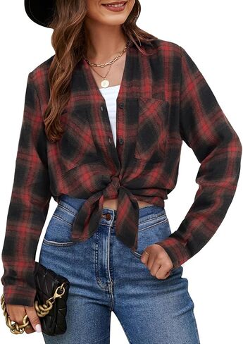 Rooscier Women's Button Down Dressy Shirts Plaid Long Sleeve Collared Casual Loose Blouses in Saudi Arabia