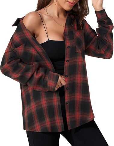 Rooscier Women's Button Down Dressy Shirts Plaid Long Sleeve Collared Casual Loose Blouses in Saudi Arabia