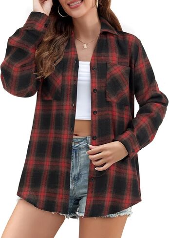 Rooscier Women's Button Down Dressy Shirts Plaid Long Sleeve Collared Casual Loose Blouses in Saudi Arabia