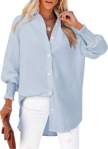 Blue and White Striped Shirt Women Colorblock Oversized Y2k Button Down Shirts Boyfriends Casual Loose Puff Fall Sleeve Shirts Business Work Tunic Top for Leggings Wrinkle Free Interview Tops Office in Saudi Arabia