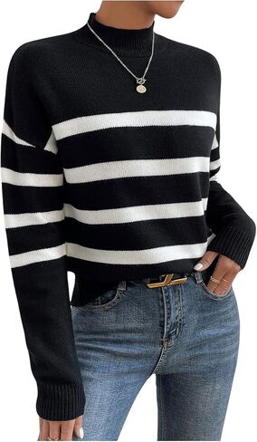 GORGLITTER Women's Mock Neck Long Sleeve Knit Tops Striped Color Block Winter Pullover Sweater in Saudi Arabia