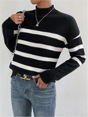 GORGLITTER Women's Mock Neck Long Sleeve Knit Tops Striped Color Block Winter Pullover Sweater in Saudi Arabia