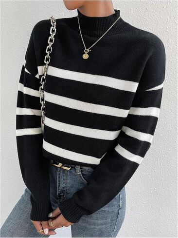 GORGLITTER Women's Mock Neck Long Sleeve Knit Tops Striped Color Block Winter Pullover Sweater in Saudi Arabia