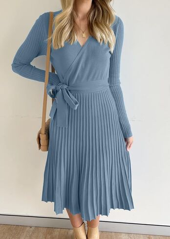 ZESICA Women's Fall Long Sleeve Wrap V Neck Ribbed Knit Pleated A Line Pullover Sweater Dress with Belt in Saudi Arabia