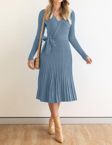 ZESICA Women's Fall Long Sleeve Wrap V Neck Ribbed Knit Pleated A Line Pullover Sweater Dress with Belt in Saudi Arabia
