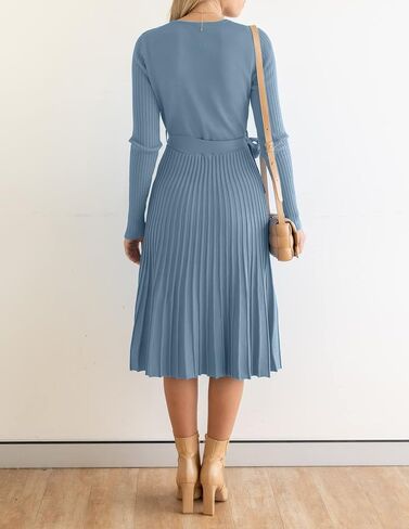 ZESICA Women's Fall Long Sleeve Wrap V Neck Ribbed Knit Pleated A Line Pullover Sweater Dress with Belt in Saudi Arabia