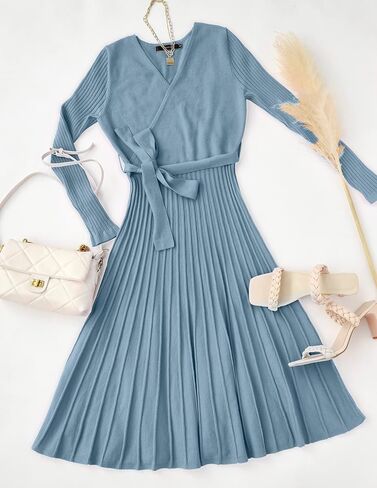 ZESICA Women's Fall Long Sleeve Wrap V Neck Ribbed Knit Pleated A Line Pullover Sweater Dress with Belt in Saudi Arabia