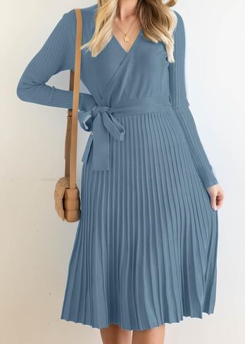 ZESICA Women's Fall Long Sleeve Wrap V Neck Ribbed Knit Pleated A Line Pullover Sweater Dress with Belt in Saudi Arabia