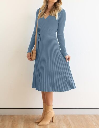 ZESICA Women's Fall Long Sleeve Wrap V Neck Ribbed Knit Pleated A Line Pullover Sweater Dress with Belt in Saudi Arabia