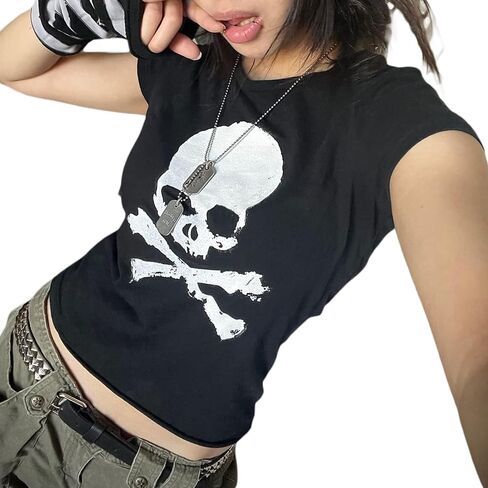 Women Y2K Grunge Short Sleeve T-Shirt Crew Neck Graphic Baby Tee Slim Casual Going Out Top Halloween Gothic Shirt in Kuwait