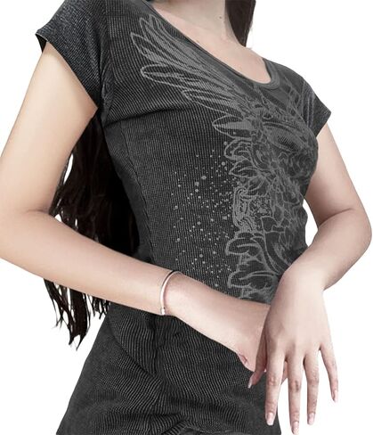 Women Y2K Grunge Short Sleeve T-Shirt Crew Neck Graphic Baby Tee Slim Casual Going Out Top Halloween Gothic Shirt in Kuwait